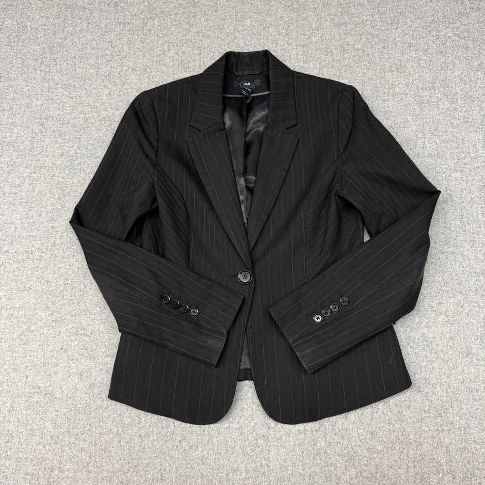H&M Blazer Jacket Size 8 Black Pinstripe Single Button Professional Work 2551